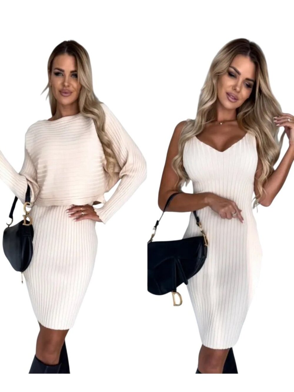 Ribbed Knit Tank & Cardigan Dress Set Sleeveless & Long Sleeve XL Beige Stretchy